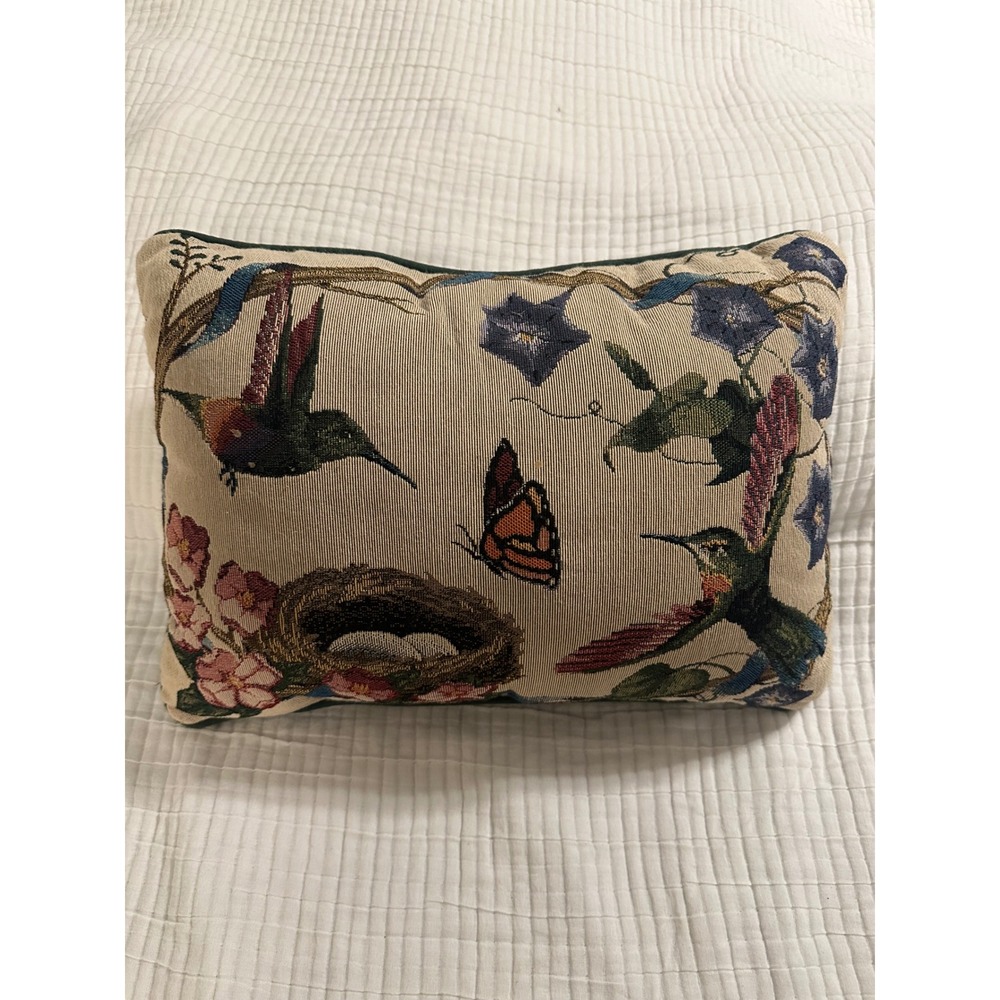 Vintage Tapestry Hummingbird Butterfly Bird Nest Nature Accent Pillow Green